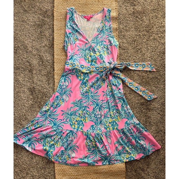 Lilly Pulitzer Dresses & Skirts - Lilly Pulitzer Pink Pineapple Sleeveless Wrap Dress Ruffle Hem Medium